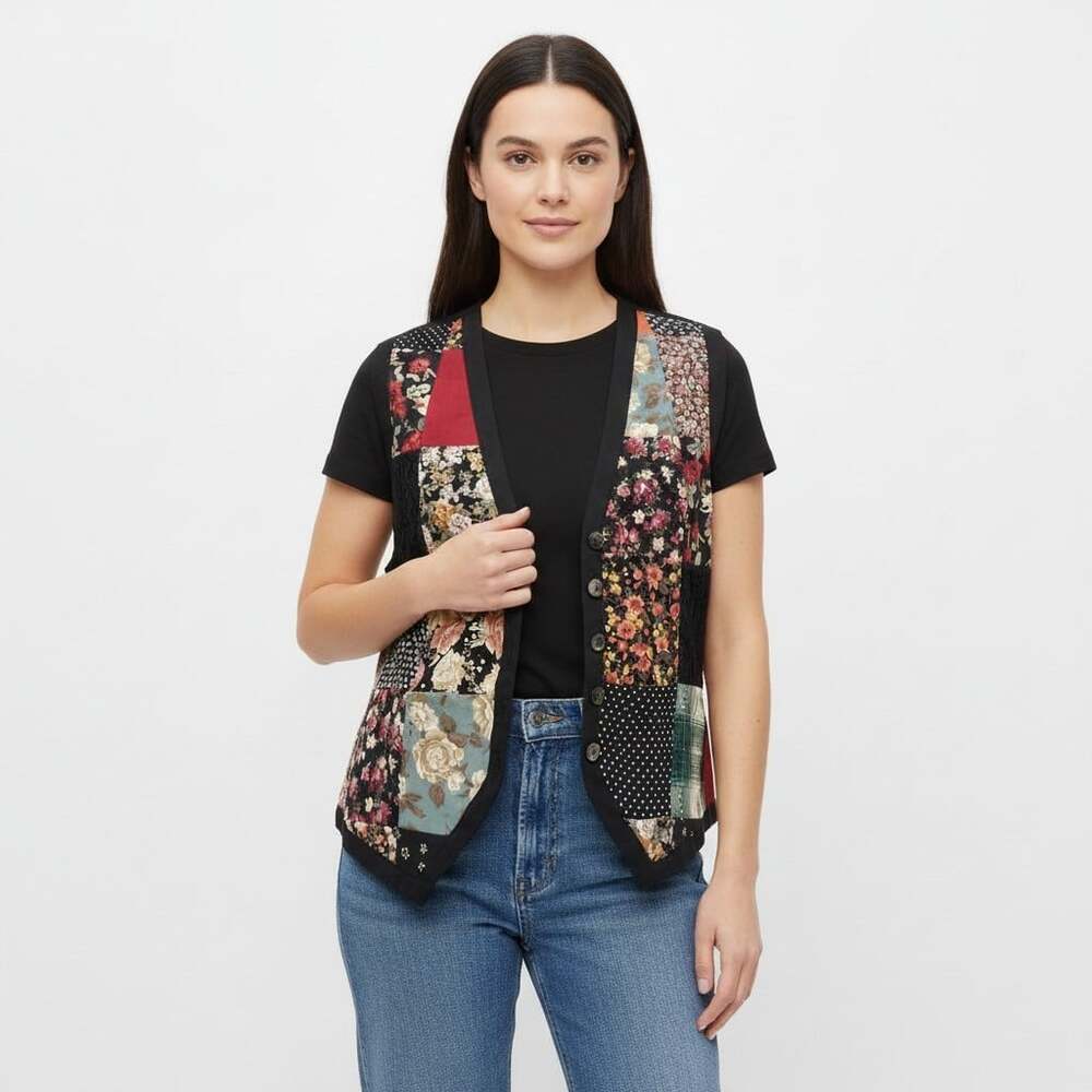 Compagnie Internationale Express Vintage Patchwork Floral Vest S Black 90s Boho